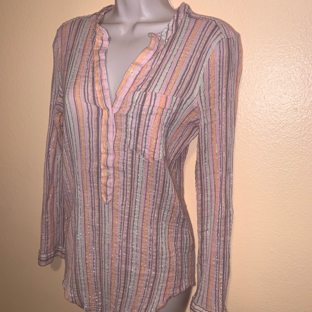 Lucky Brand M Ethnic Blouse Top Cotton Stretch Metallic Stripes Long Sleeve Pink